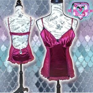 Vintage 80's Sexy Pinup Boudoir Red Satin Teddy 36B